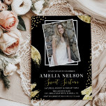 Invitation Gold Abstrait Photo Sweet 16 Anniversaire<br><div class="desc">Une abstraite invitation à l'anniversaire de 16 photo avec une photo de la fille ou du garçon d'anniversaire, un arrière - plan noir qui peut être changé à n'importe quelle couleur, des traits de peinture or et des confettis de parties scintillant or comme décoration avec un modèle d'anniversaire de texte...</div>
