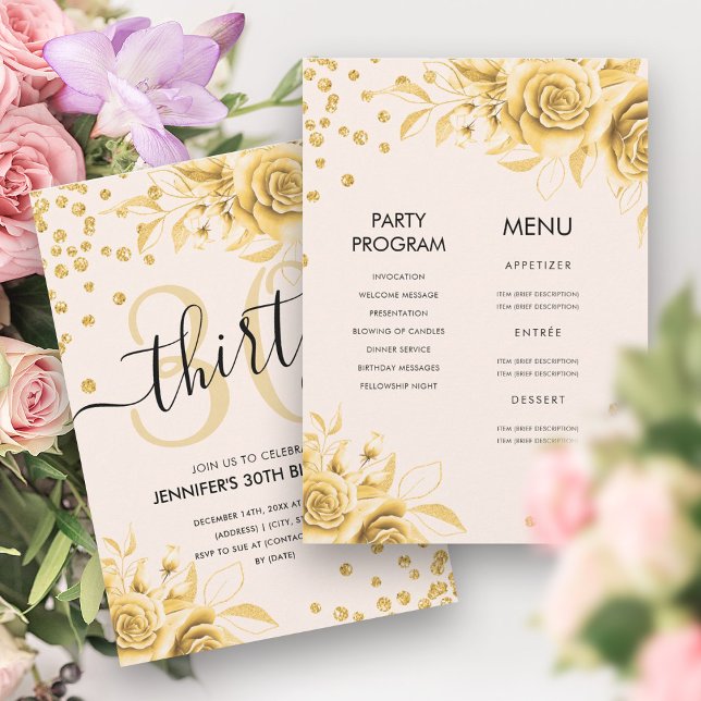 Invitation Gold All in One Floral Parties scintillant 30e ann (Gold All in One Floral Glitter 30th Birthday Invitation)