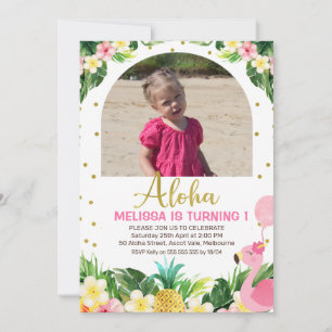 Invitation Gold Aloha Floral Flamant rose Arc Photo 1er anniv