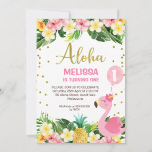 Invitation Gold Aloha Floral Folithe Flamant rose 1er anniver
