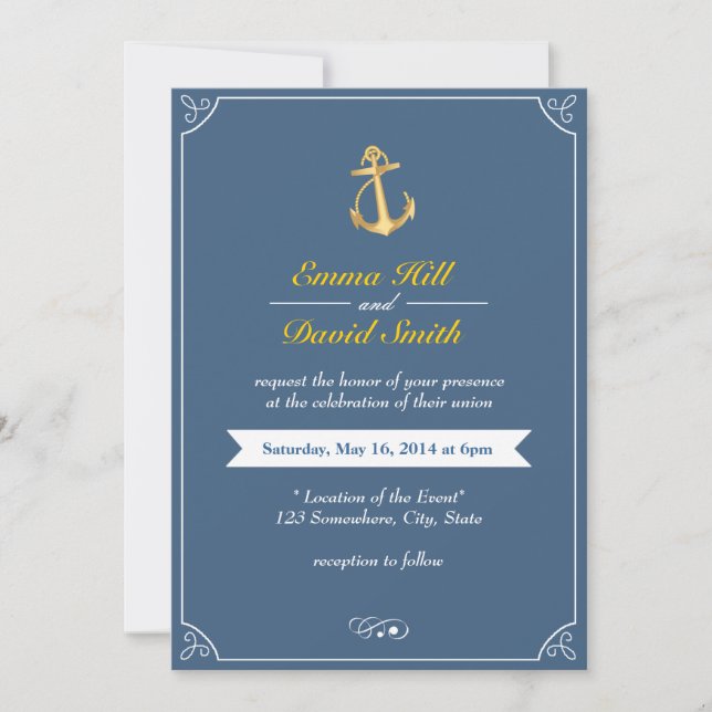 Invitation Gold Anchor Royal Blue Nautical Wedding (Devant)