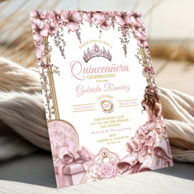 Invitation Gold and Blush Pink Tiara Floral Quinceañera (Créateur téléchargé)