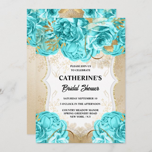 Invitation Gold aqua bleu rose aquarelle nuptiale douche chic (Devant / Derrière)