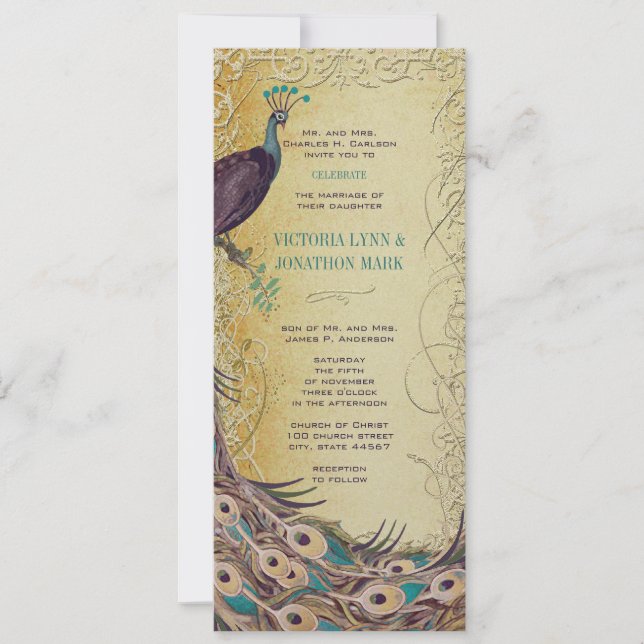 Invitation Gold Aqua Eggplant Art Nouveau Peacock Mariage (Devant)