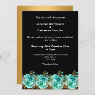 Invitation Gold Aqua Floral Mariage Arrière - plan noir