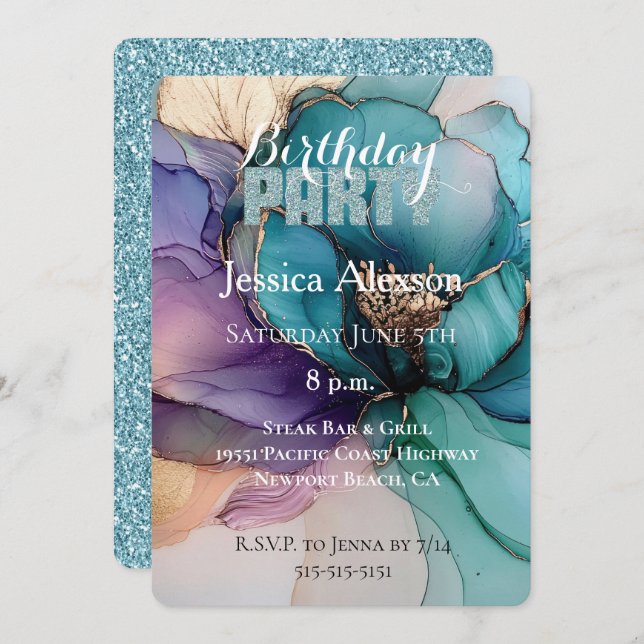 Invitation Gold Aqua Parties scintillant bleue Fleur violet A (Devant / Derrière)