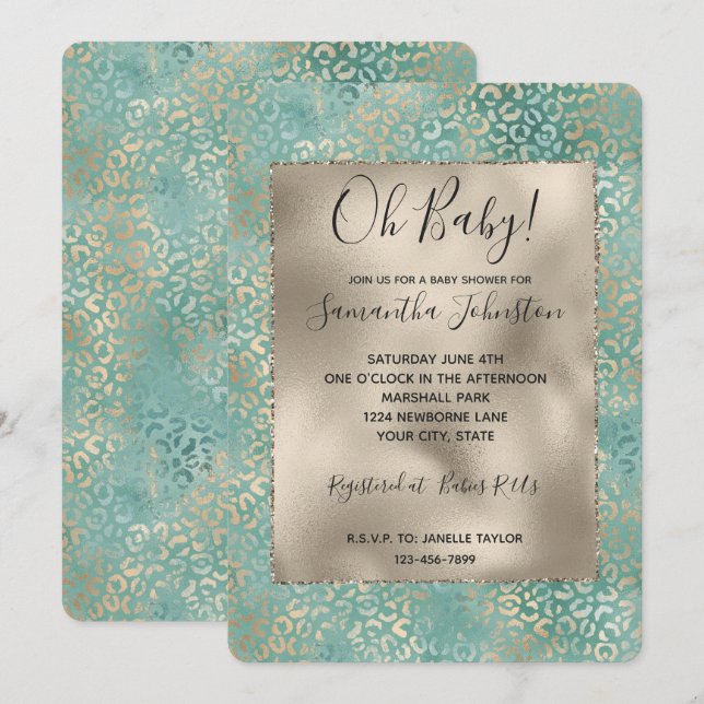 Invitation Gold Aqua Turquoise Turquoise Glam Empreinte de lé (Devant / Derrière)