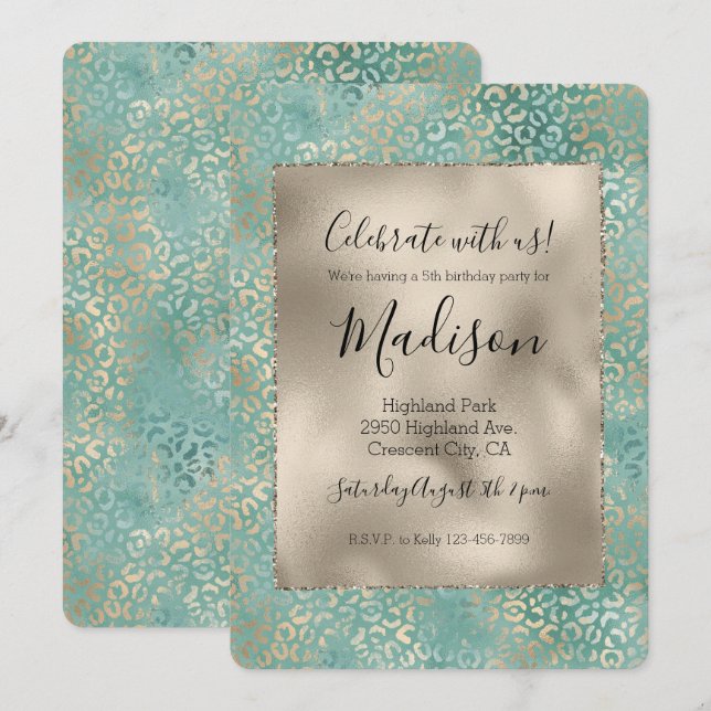 Invitation Gold Aqua Turquoise Turquoise Glam Empreinte de lé (Devant / Derrière)