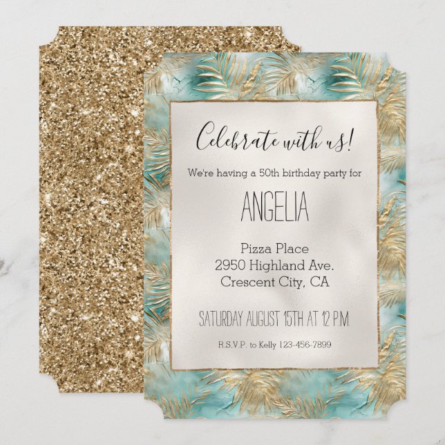 Invitation Gold Aqua White Feuilles tropicaux (Devant / Derrière)