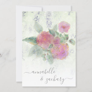 Invitation *~* Gold AR12 QR Damask RSVP Rose Bouquet Mariage