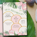 Invitation Gold Arch Tropical Protea et Palm 50e anniversaire<br><div class="desc">Invitation de fête de 50e anniversaire avec architecture d'arc doré, fleurs de protéa tropicale et verdure. Le design est intitulé "Cinquante et fabuleux" et le modèle est configuré pour vous pour ajouter votre libellé invitation personnalisé. Ce joli design floral présente des arches dorées modernes avec des fleurs de couleur de...</div>