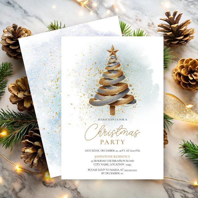 Invitation Gold Argent Faux Parties scintillant Arbre de Noël (Gold and silver faux glitter ribbon tree Christmas Party invitation front and back view.)