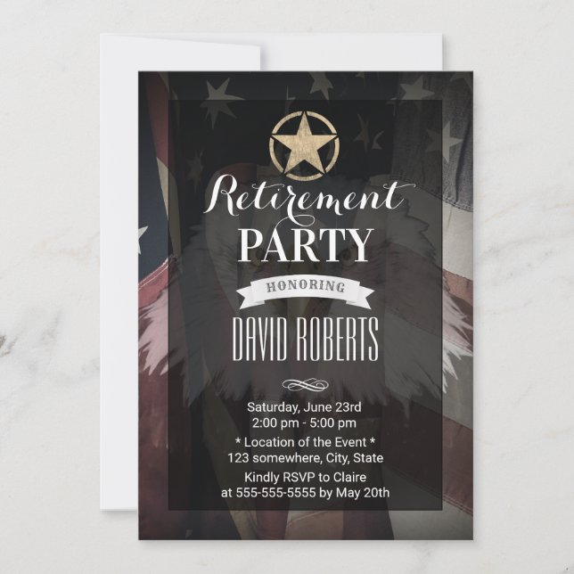 Invitation Gold Army Star USA Flag Military Retirement Party (Devant)