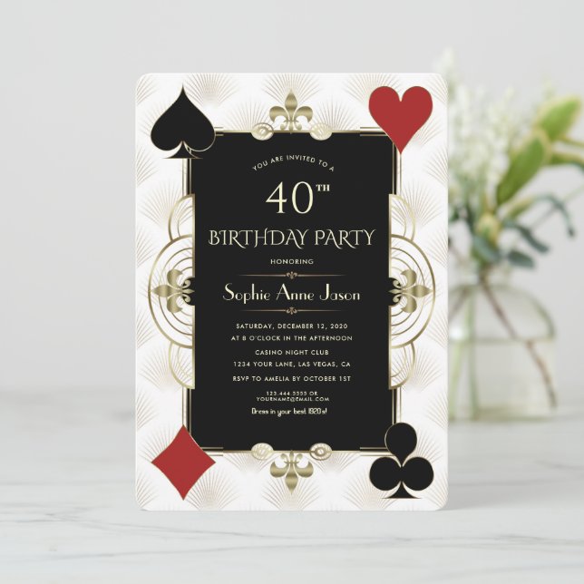 Invitation Gold Art Deco Casino Poker Femme 40e anniversaire (Debout devant)