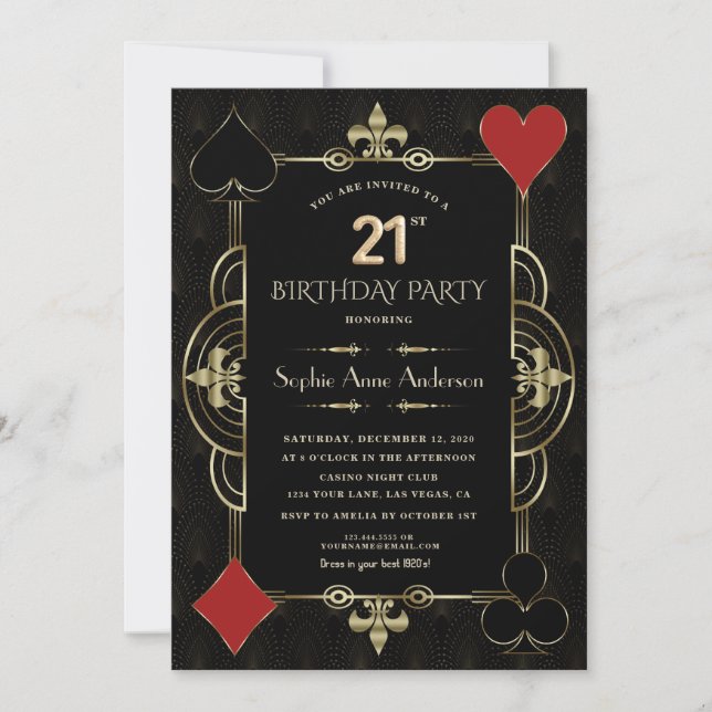 Invitation Gold Art Deco Casino Vegas Femme 21e anniversaire (Devant)