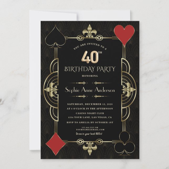 Invitation Gold Art Deco Casino Vegas Femme 40e anniversaire (Devant)