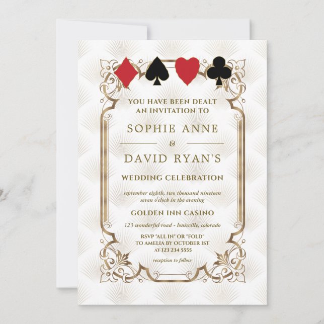 Invitation Gold Art Deco Gatsby Casino Vegas Poker Mariage (Devant)