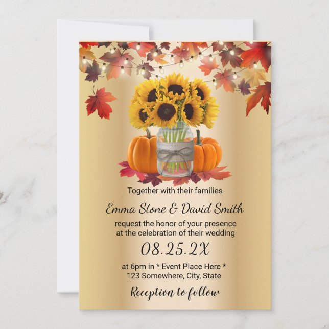 Invitation Gold Autumn Sunflower Jar Citrouille Mariage de au (Devant)