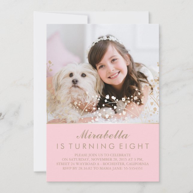 Invitation Gold Baby's Breath Pink Photo Anniversaire (Devant)