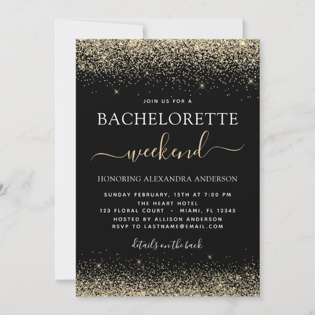 Invitation Gold Bachelorette Week-end Parties scintillant mod (Devant)