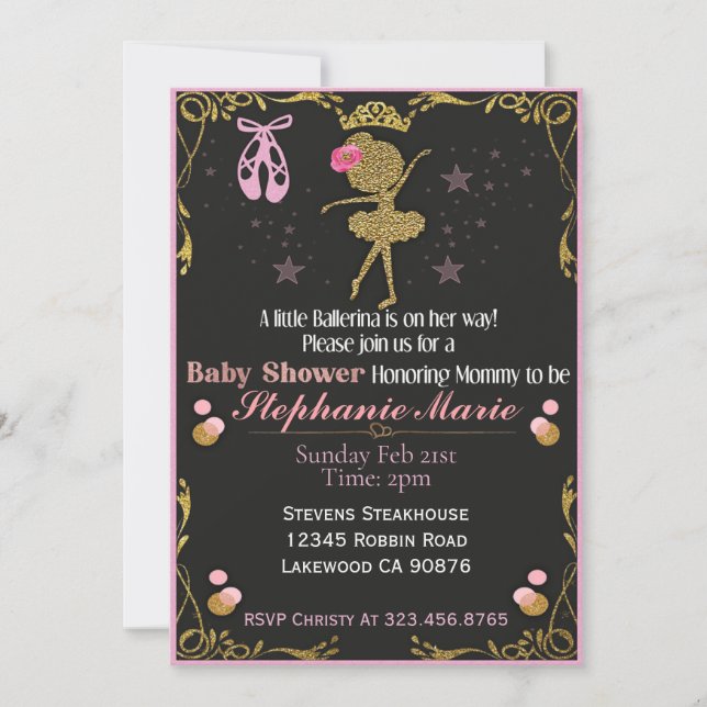 Invitation Gold Ballerina sur son chemin Baby shower invitati (Devant)