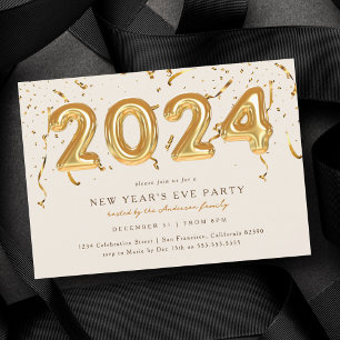 Invitation Gold Balloon Confetti 2024 Soirée du Nouvel An