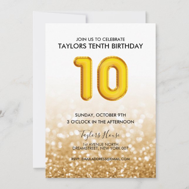 Invitation 
Gold Balloon Parties scintillant 10e anniversair (Devant)