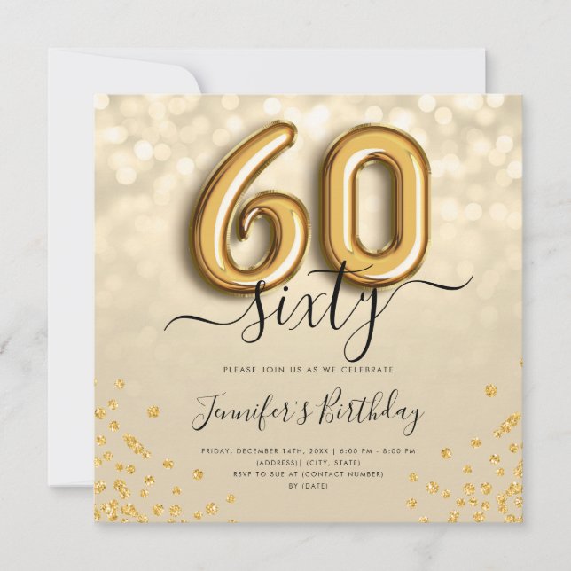 Invitation Gold Balloon Parties scintillant 60e anniversaire  (Devant)