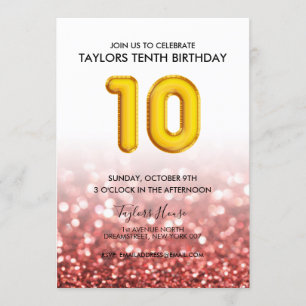 Invitation Gold Balloon Red Parties scintillant 10e anniversa