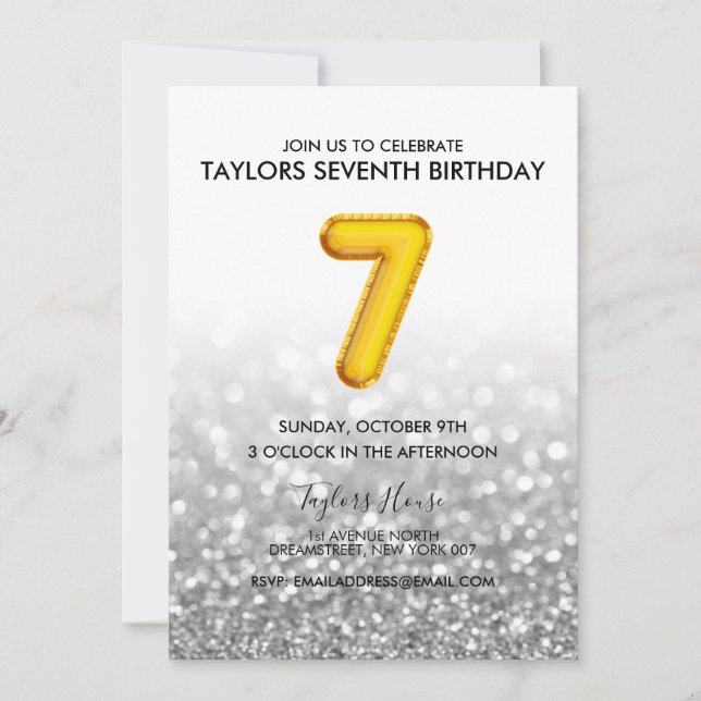 Invitation Gold Balloon Silver Parties scintillant 7e anniver (Devant)