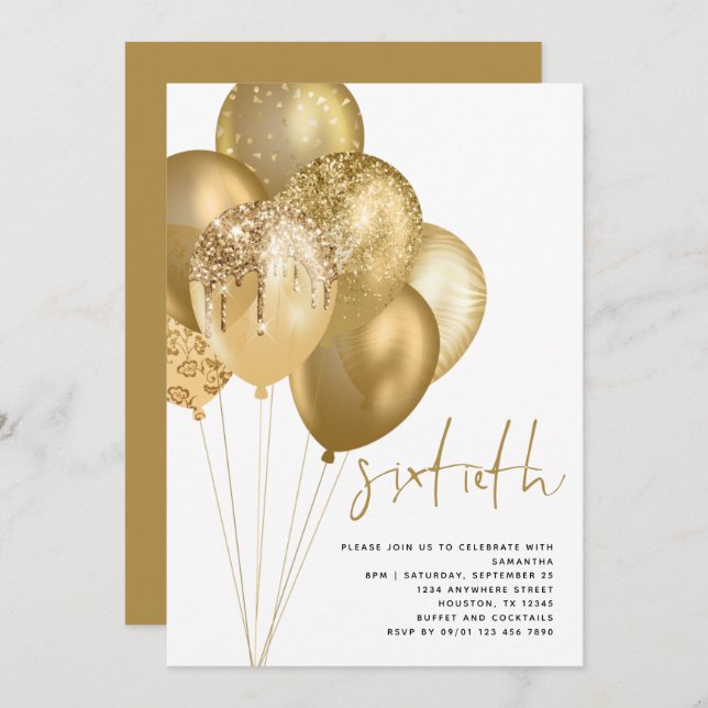 Invitation Gold Balloons Parties scintillant 60e fête d'anniv (Devant / Derrière)