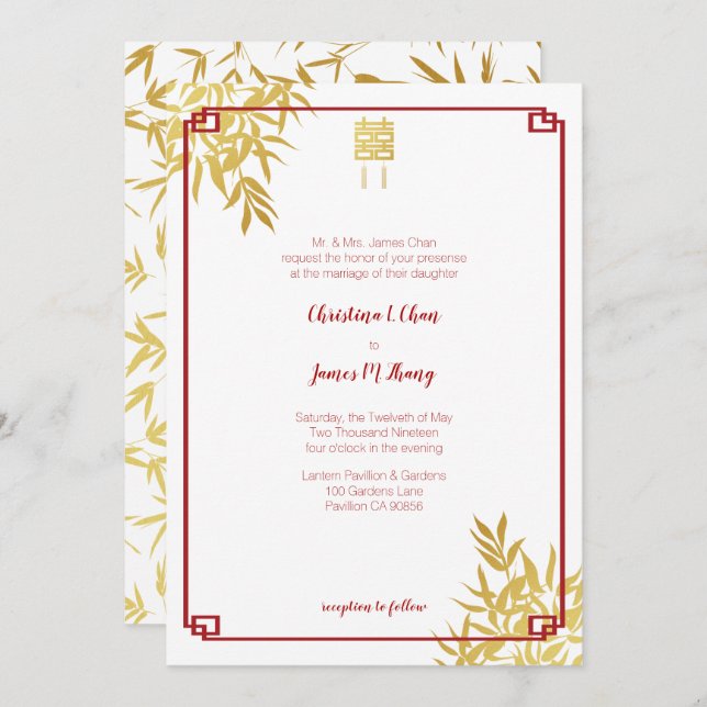 Invitation Gold Bamboo Double Bonheur Mariage chinois (Devant / Derrière)
