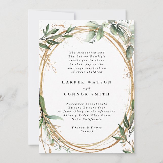 Invitation Gold Bands Eucalyptus Elégant mariage (Devant)