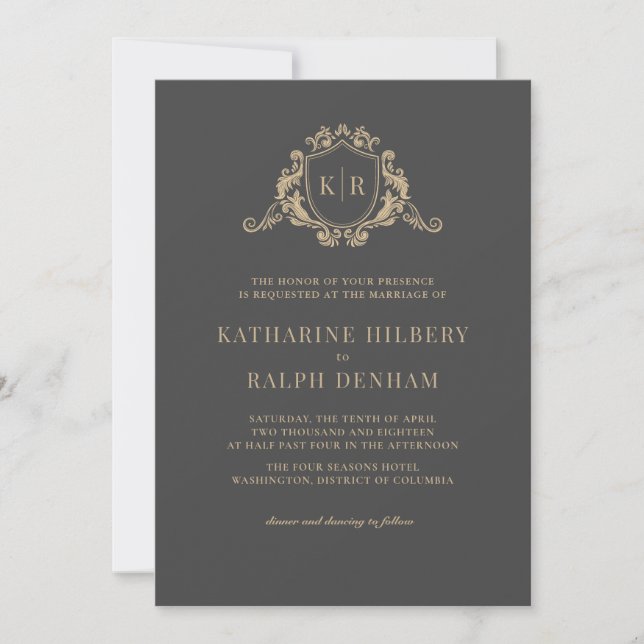 Invitation Gold Baroque Crest Dark Grey Monogram Mariage (Devant)
