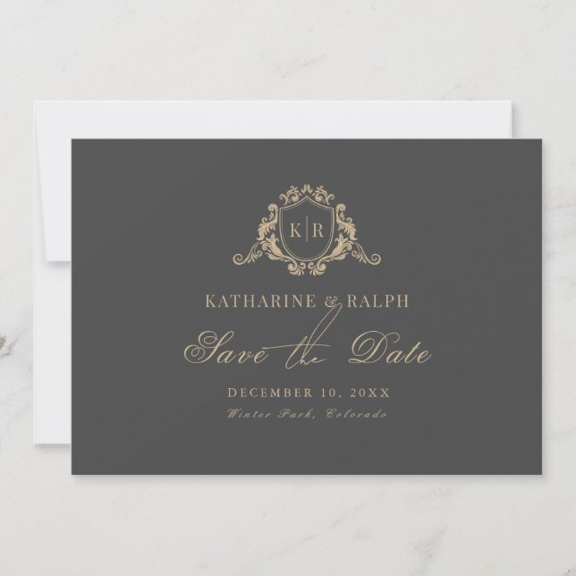 Invitation Gold Baroque Crest Monogramme Gris Enregistrer la  (Devant)