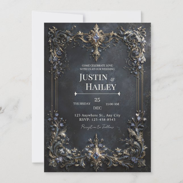 Invitation Gold Baroque Frame Blue Gem Dark Teal Wedding (Devant)