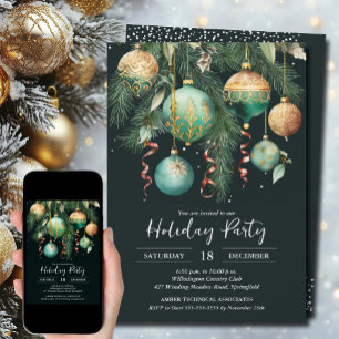 Invitation Gold Baubles Christmas Tree Party