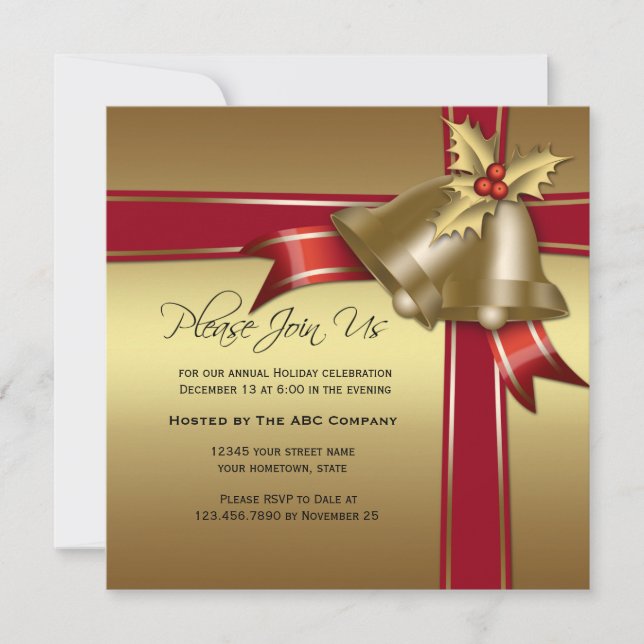 Invitation Gold Bells, Holly, Red Ribbon Corporate Party (Devant)