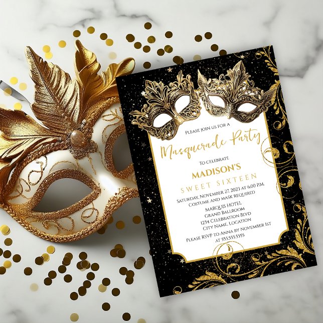 Invitation Gold Birthday Masquerade Party (Celebrate sweet 16 or other birthday age by inviting your guests with this elegant masquerade invite)