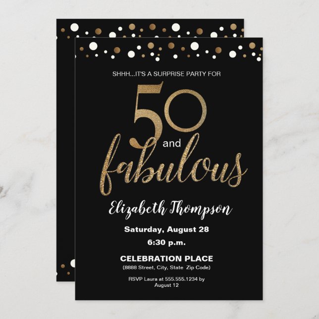 Invitation Gold Black 50 et fabuleuse fête d'anniversaire Sur (Devant / Derrière)