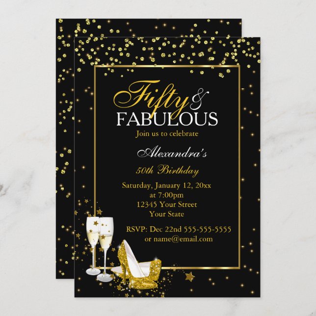 Invitation Gold Black 50 Fabuleux fête champagne d'anniversai (Devant / Derrière)