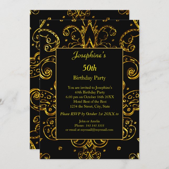 Invitation Gold Black 50e 60e 70e anniversaire (Devant / Derrière)
