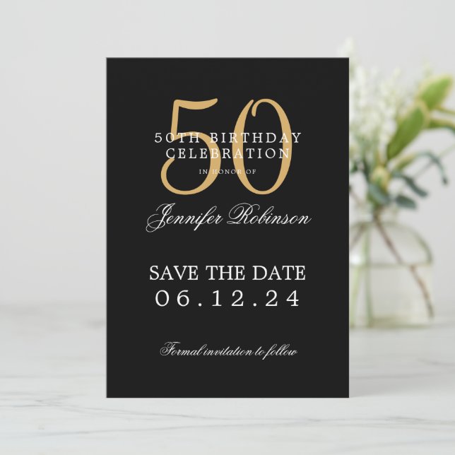 Invitation Gold Black 50th Birthday Enregistrer la date (Debout devant)