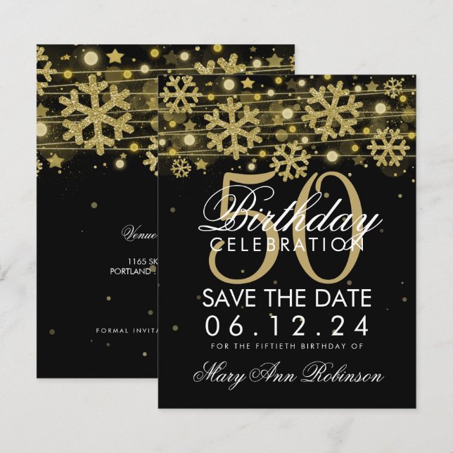 Invitation Gold Black 50th Birthday Save Date Winter (Devant / Derrière)