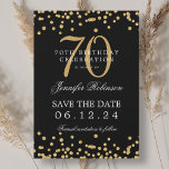 Invitation Gold Black 70th Birthday Enregistrer la date Confe<br><div class="desc">Elégant design "70th Birthday Party" avec faux confetti de parties scintillant et texte de détails. Facile à utiliser et facile à personnaliser. Commandez aujourd'hui !</div>