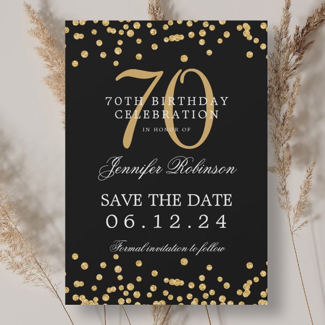 Invitation Gold Black 70th Birthday Enregistrer la date Confe (Créateur téléchargé)
