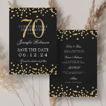 Invitation Gold Black 70th Birthday Enregistrer la date et le<br><div class="desc">Elégant design "70th Birthday Party" avec faux confettis de parties scintillant & détails texte. Facile à utiliser et facile à personnaliser. Commandez aujourd'hui !</div>
