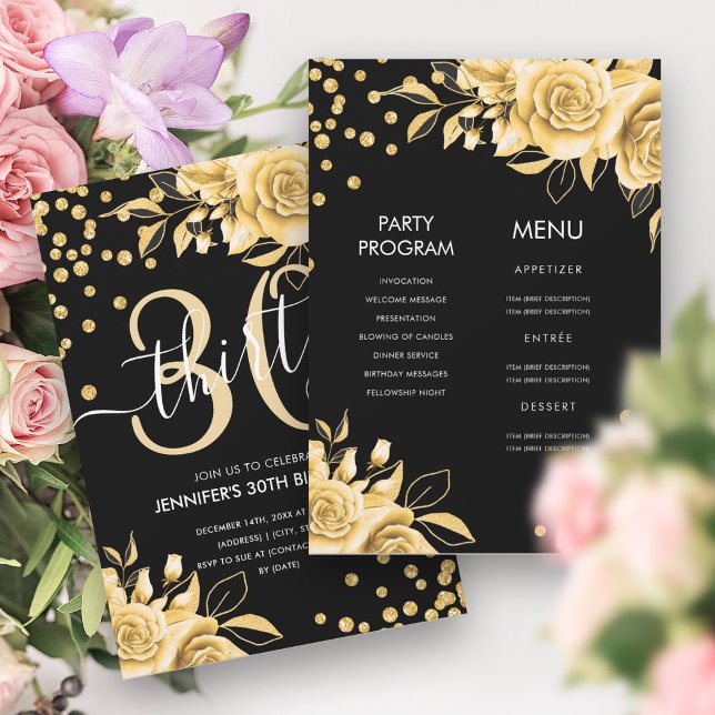 Invitation Gold Black AllinOne Parties scintillant florale 30 (Gold Black AllinOne Floral Glitter 30th Birthday Invitation)