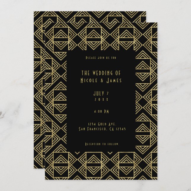 Invitation Gold & Black Art Deco Bold Retro Mariage de glam (Devant / Derrière)