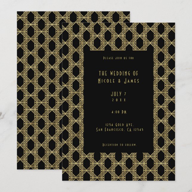 Invitation Gold Black Art Déco Diamond Chic Retro Mariage (Devant / Derrière)